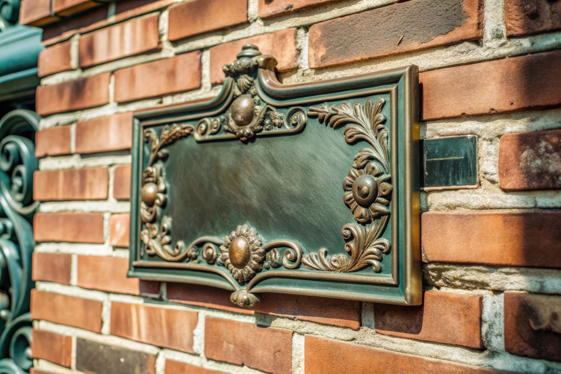 Ornate bronze nameplate on a red brick wall, empty center, decorative details.