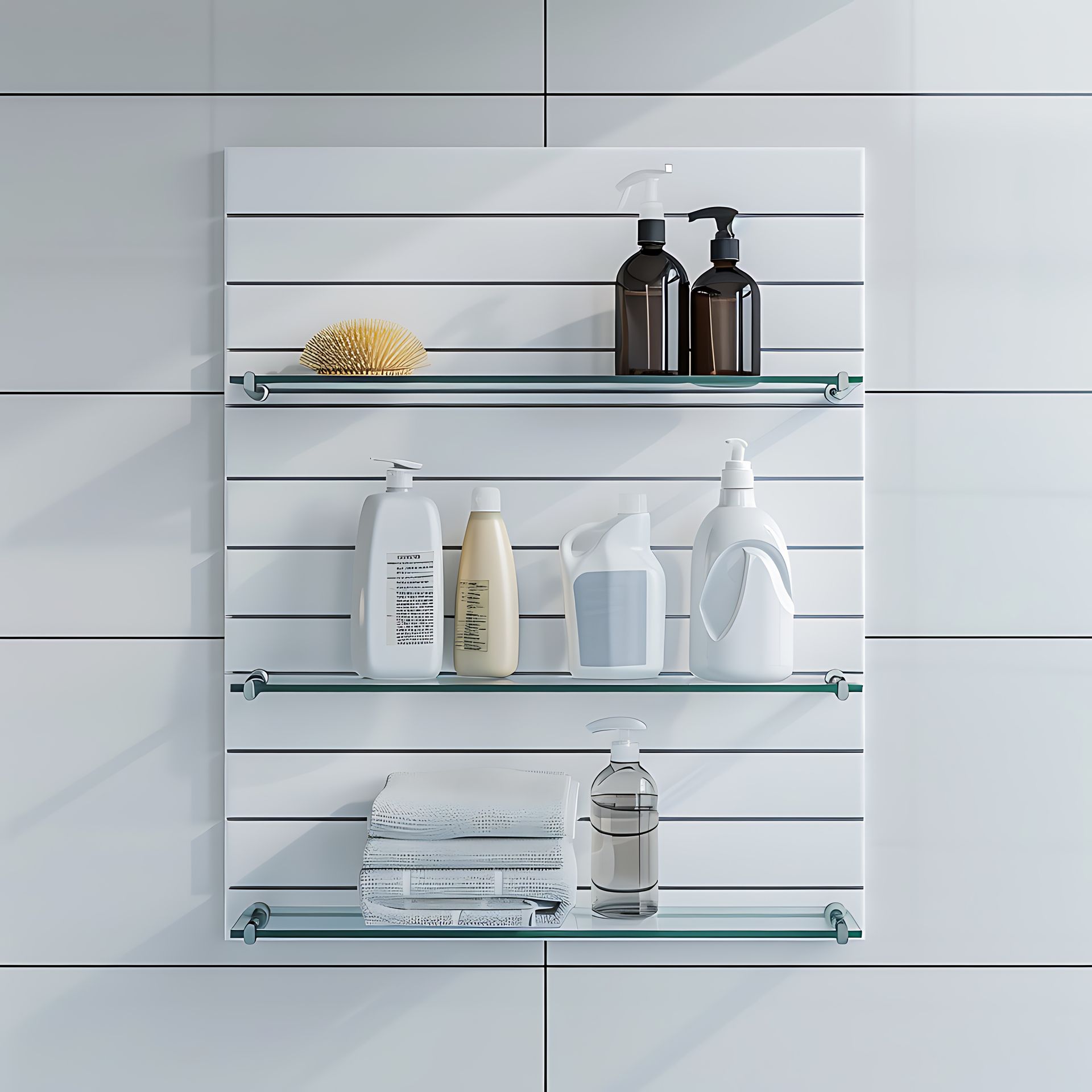 Bathroom shelf with glass shelves, displaying toiletries, towels, and a loofah against a white tiled wall.