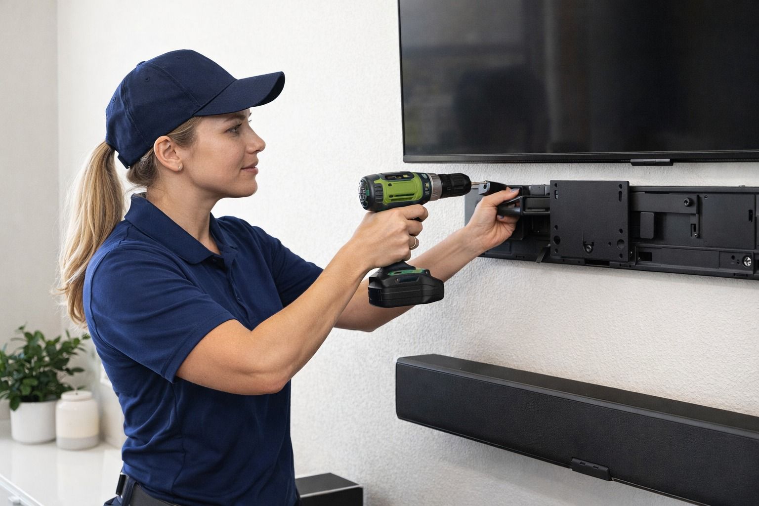 Person in blue cap and shirt using a power drill to mount a TV soundbar on a white wall.
