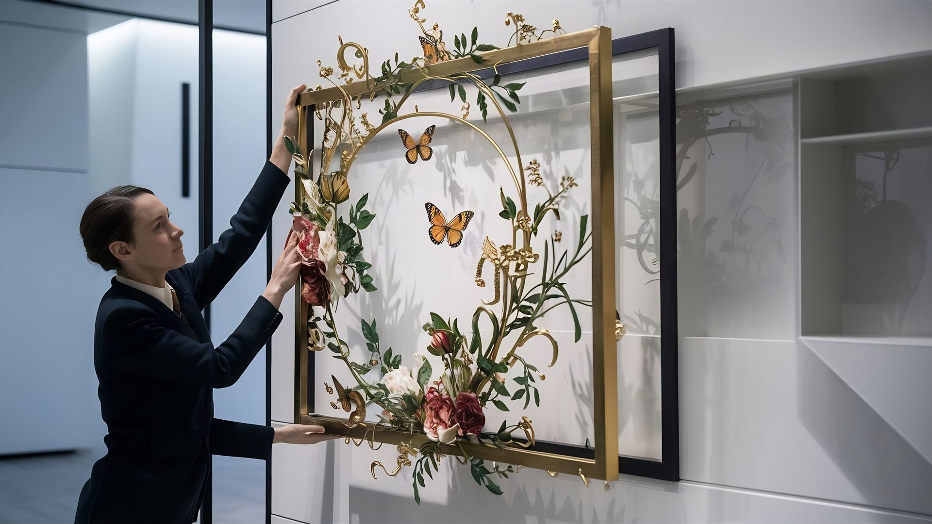 Woman hanging a decorative framed artwork with butterflies and flowers on a white wall.