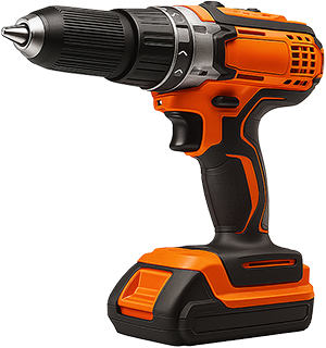 Orange and black cordless drill with a black chuck and a battery base.