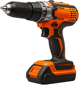 Orange and black cordless drill with a black chuck and a battery base.