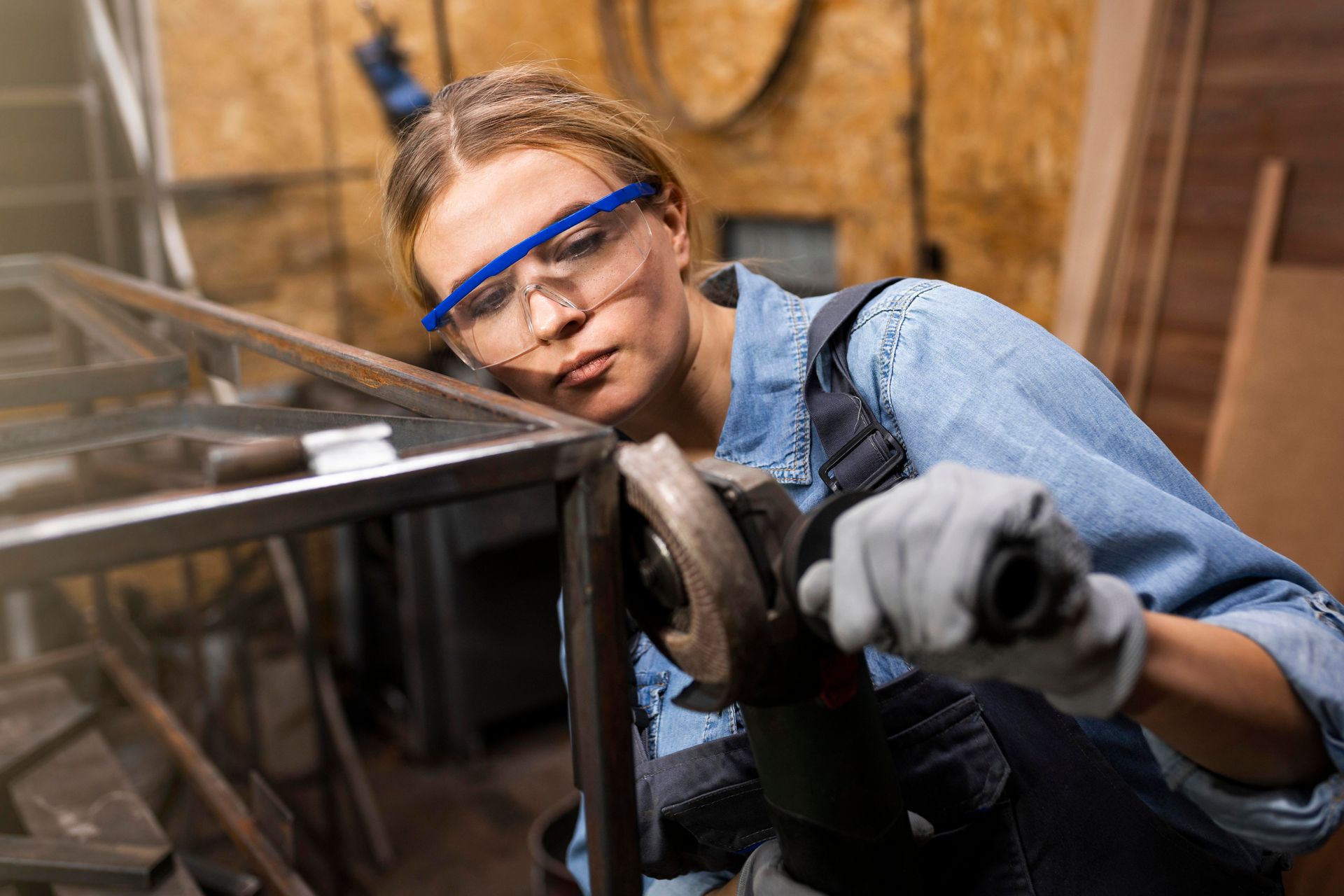 Woman using an angle grinder on metal, wearing safety glasses and gloves in a workshop.