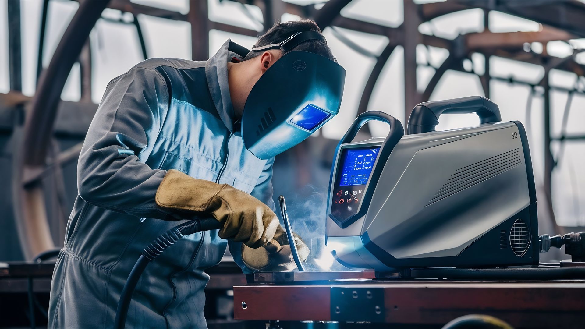 Welder in protective gear using a welding machine in a workshop.