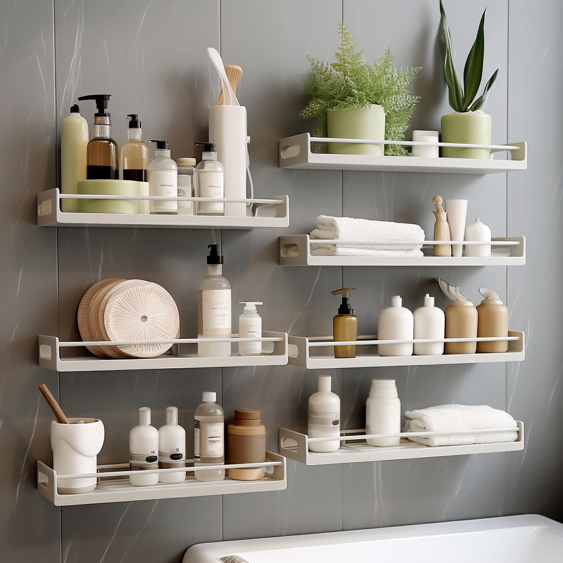 Shelves with bathroom toiletries and plants on a gray tiled wall.