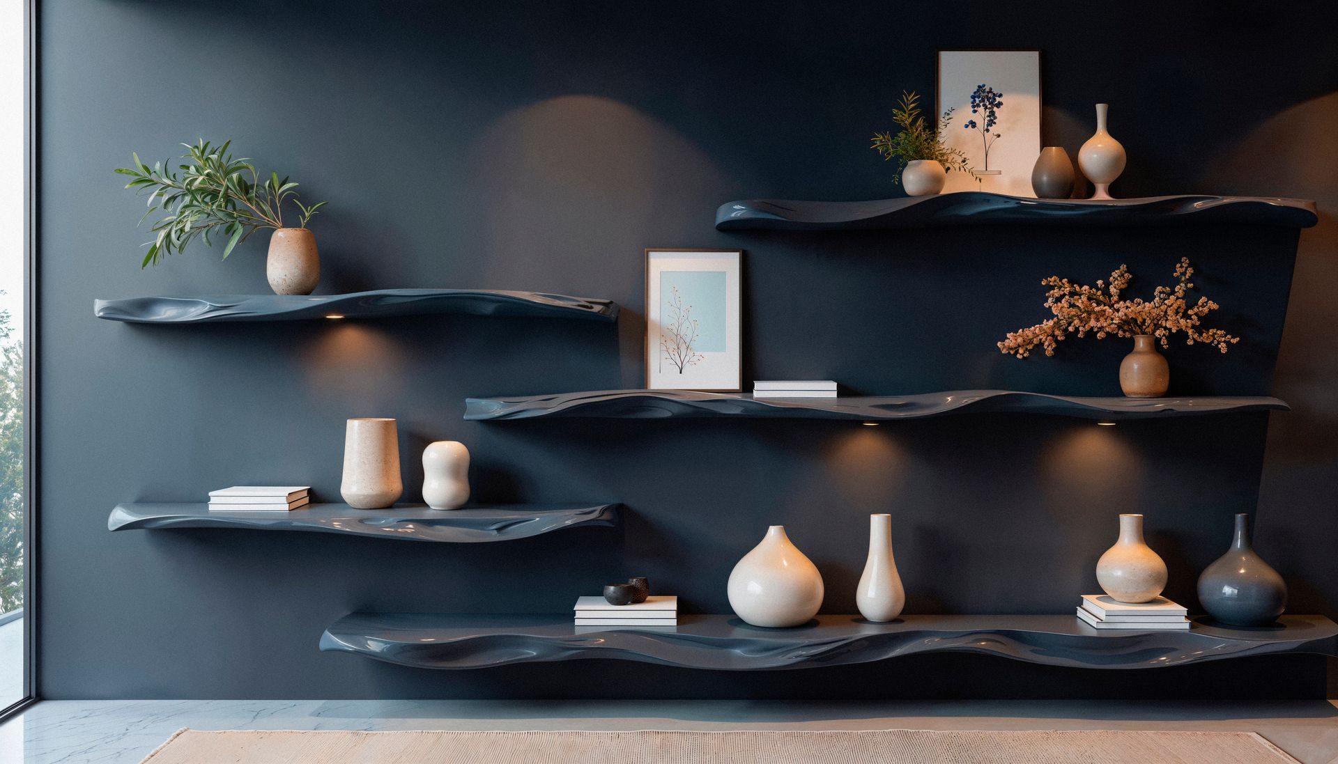 Floating, dark gray shelves with various neutral-toned vases, plants, and art against a dark blue wall.