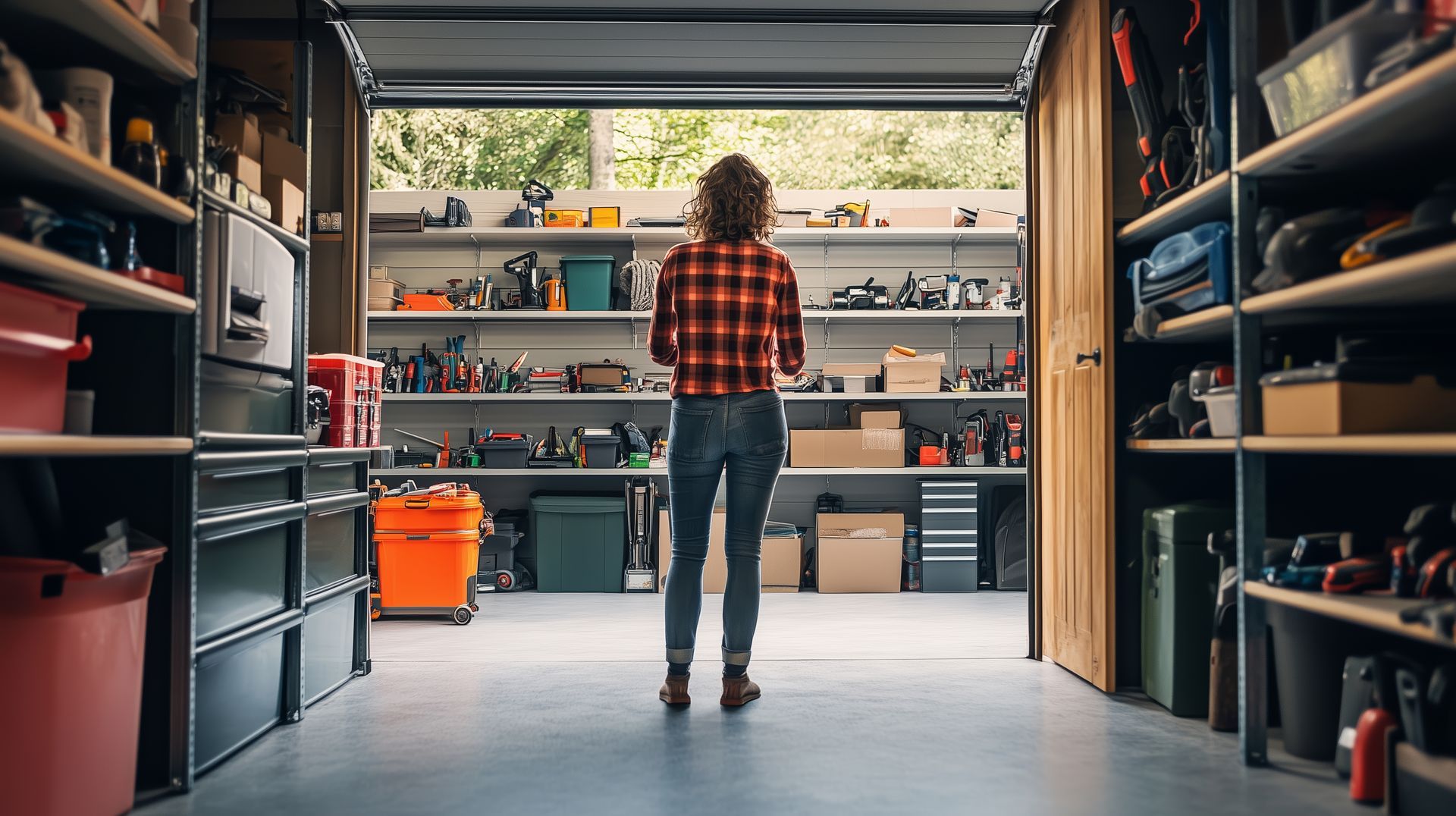 Woman stands in a cluttered garage, facing shelves filled with tools and storage bins. Garage door open to the outside.