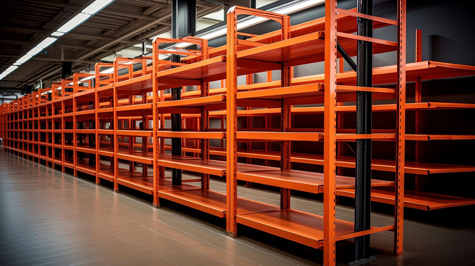 Orange shelving units in a warehouse setting, providing storage space.