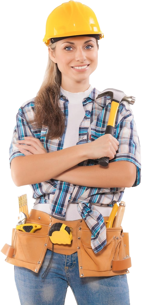 Woman in yellow hard hat and plaid shirt, arms crossed, holding a hammer, wearing a tool belt.