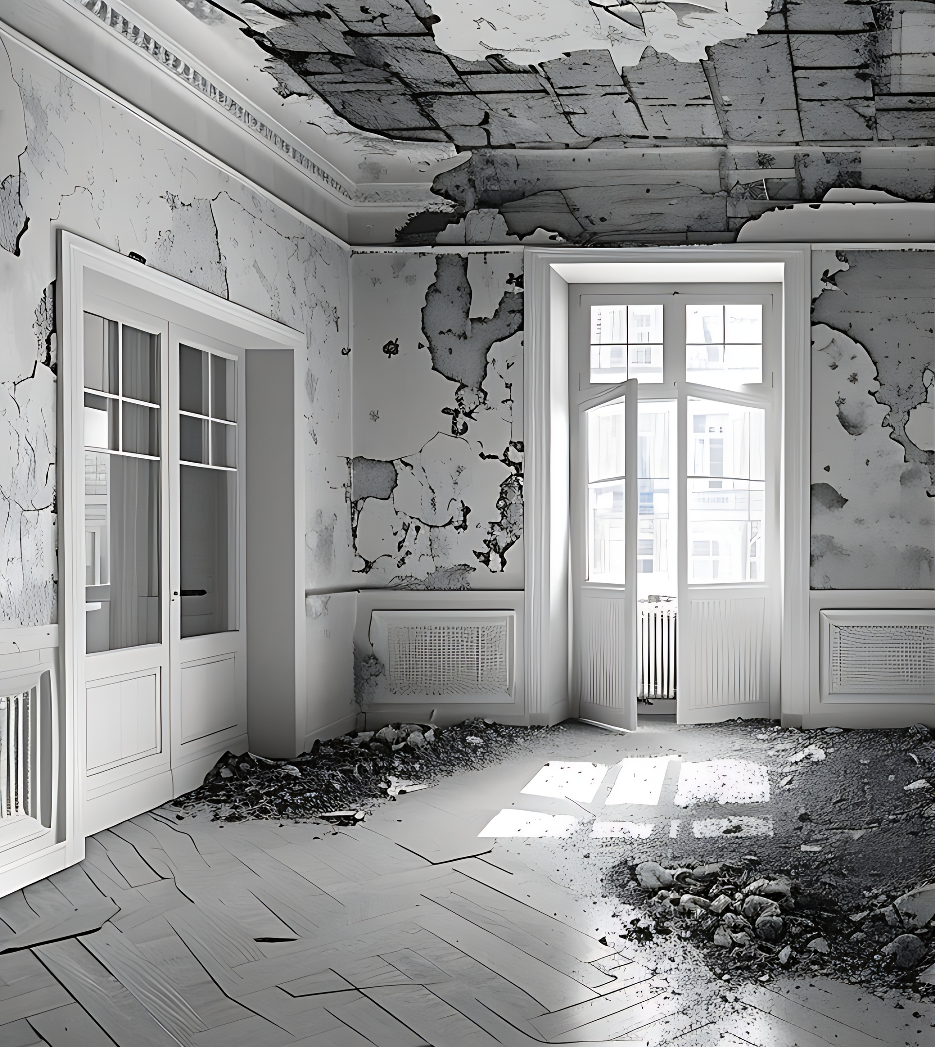 Dilapidated room interior with peeling paint, debris, and bright window light.