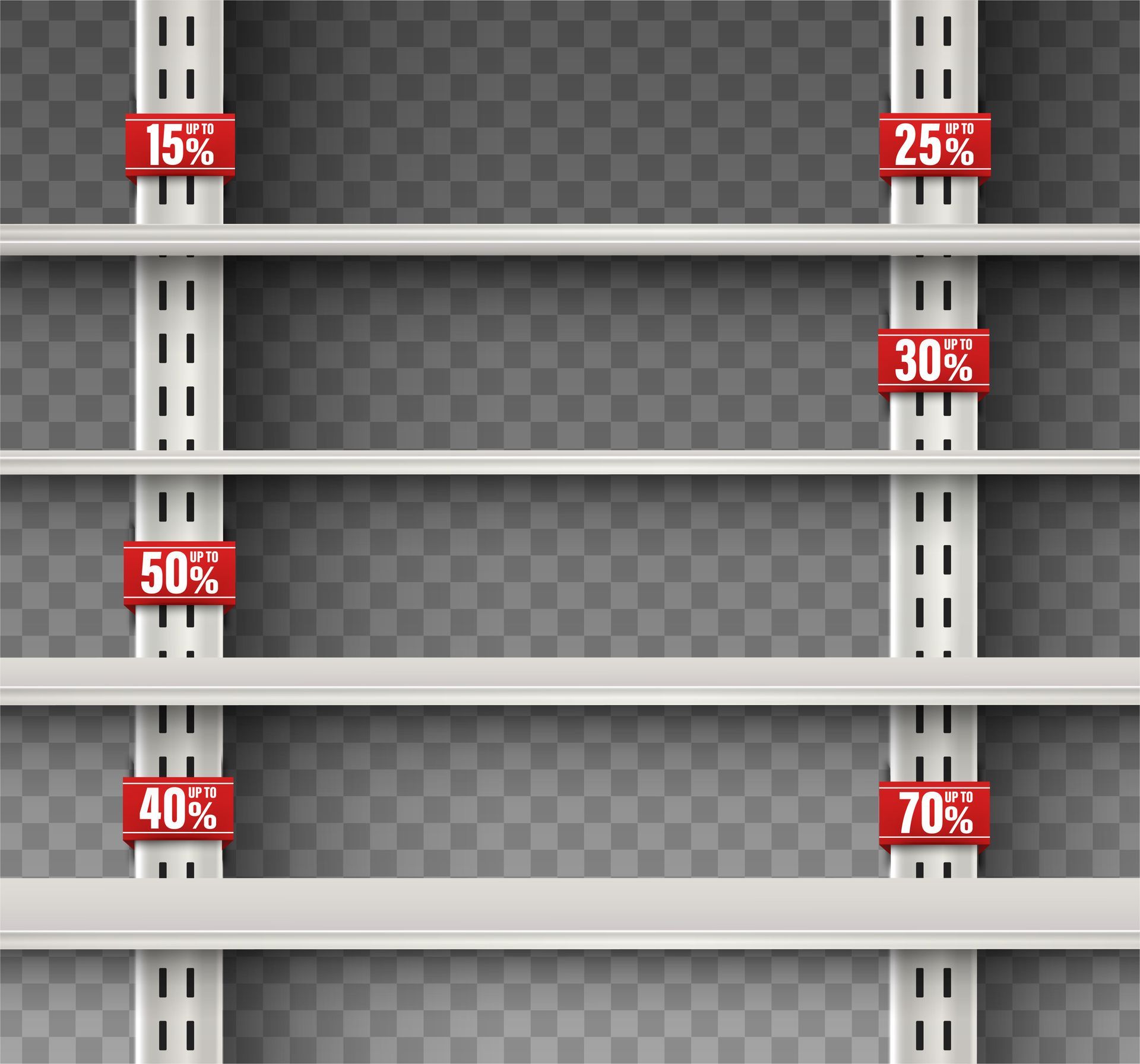 Empty white shelves with red sale tags: 15%, 25%, 30%, 40%, 50%, and 70%.