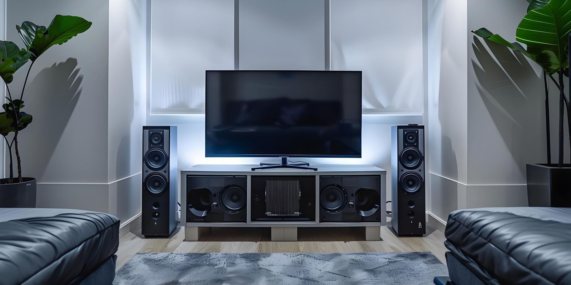 Home theater setup with large TV, speakers, and seating.