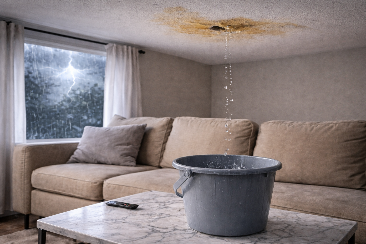 infiltrazione_casa_secchio_acqua_Temporale_tetto_manutenzione_umidità