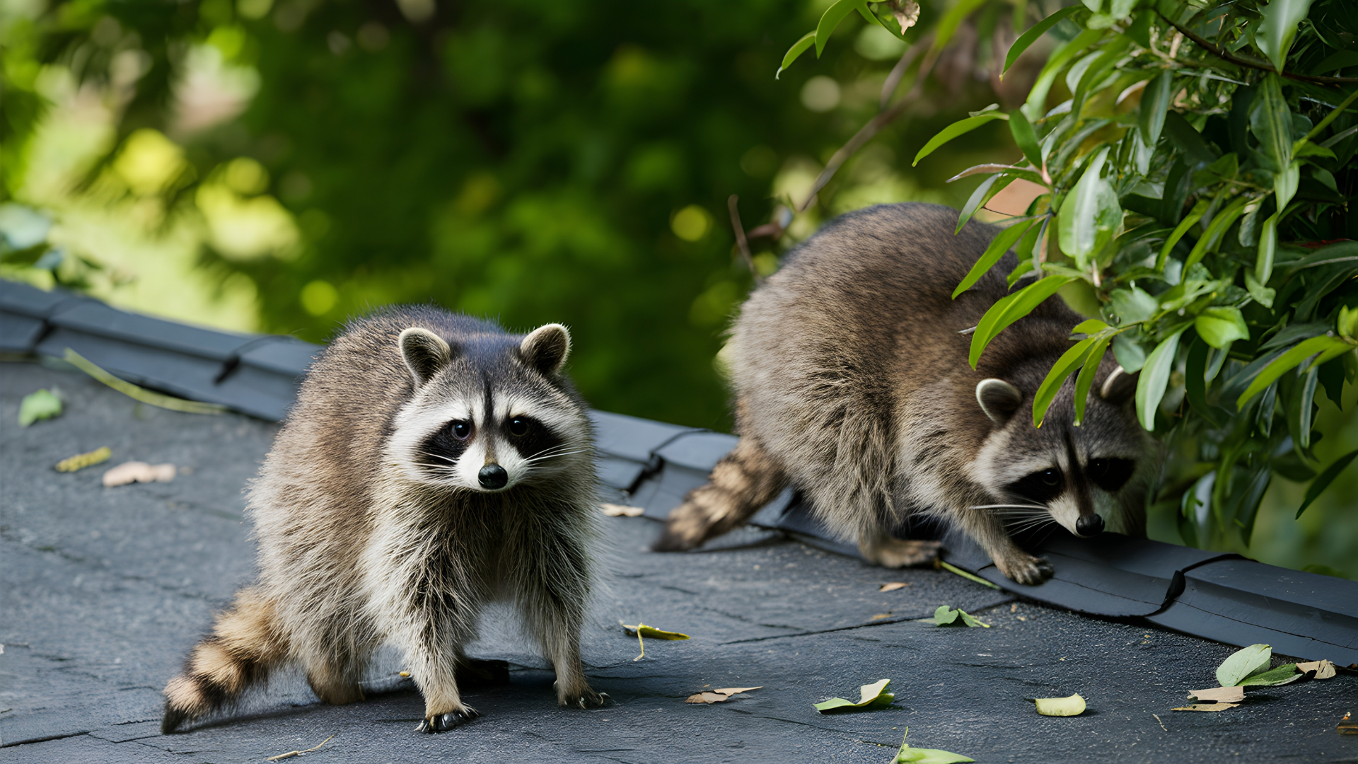 Two raccoons on a roof, one facing the camera and one near bushes eating leaves.