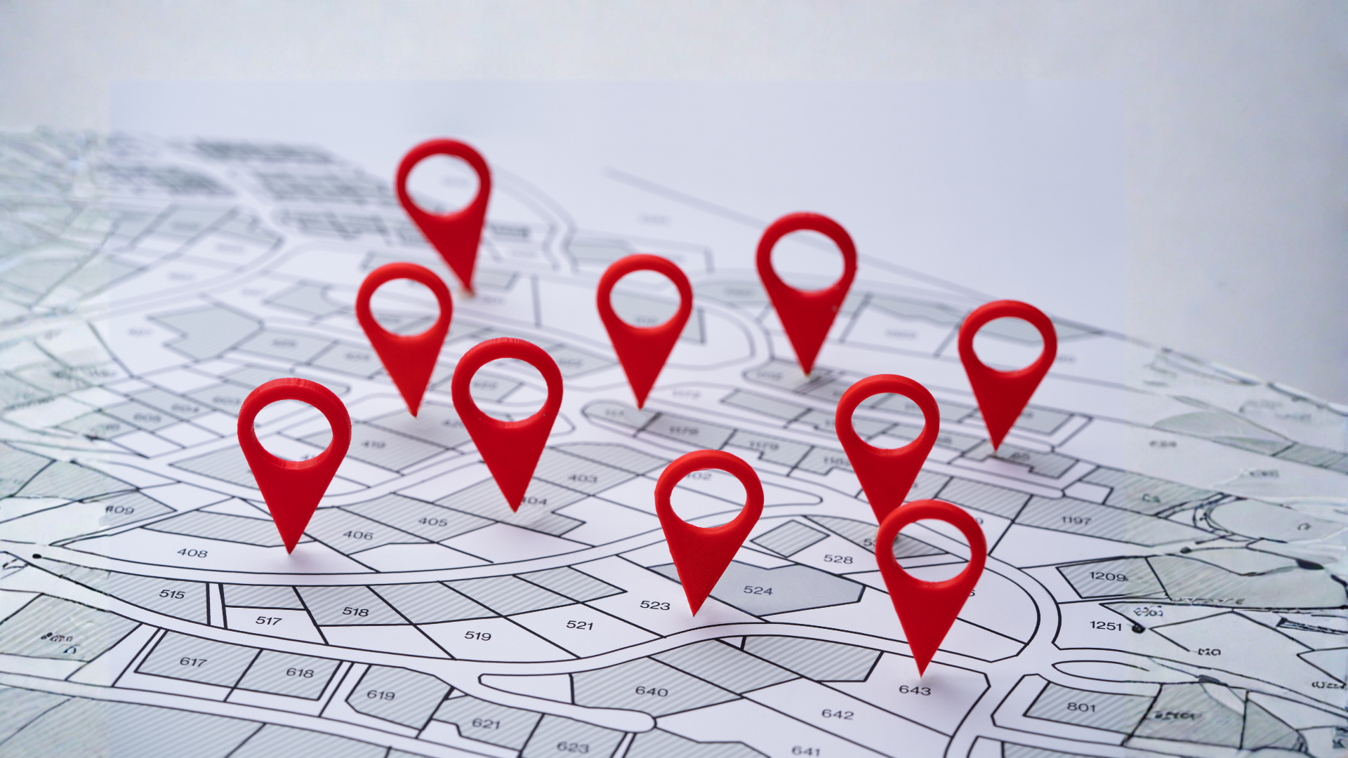 Red location pins marking multiple spots on a city map