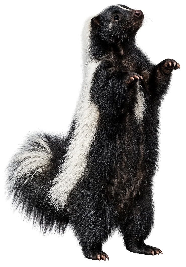 Black-and-white skunk standing upright, with striped fur and raised front paws