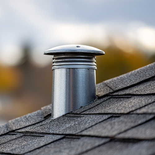 Metal roof vent pipe on gray shingled rooftop against a blurred outdoor background