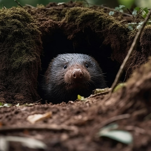 Small gray animal peeks from a burrow in mossy soil, framed by dark earth and leaves.