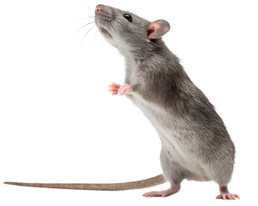 Gray rat standing upright on a white background, looking upward with a long tail extended.
