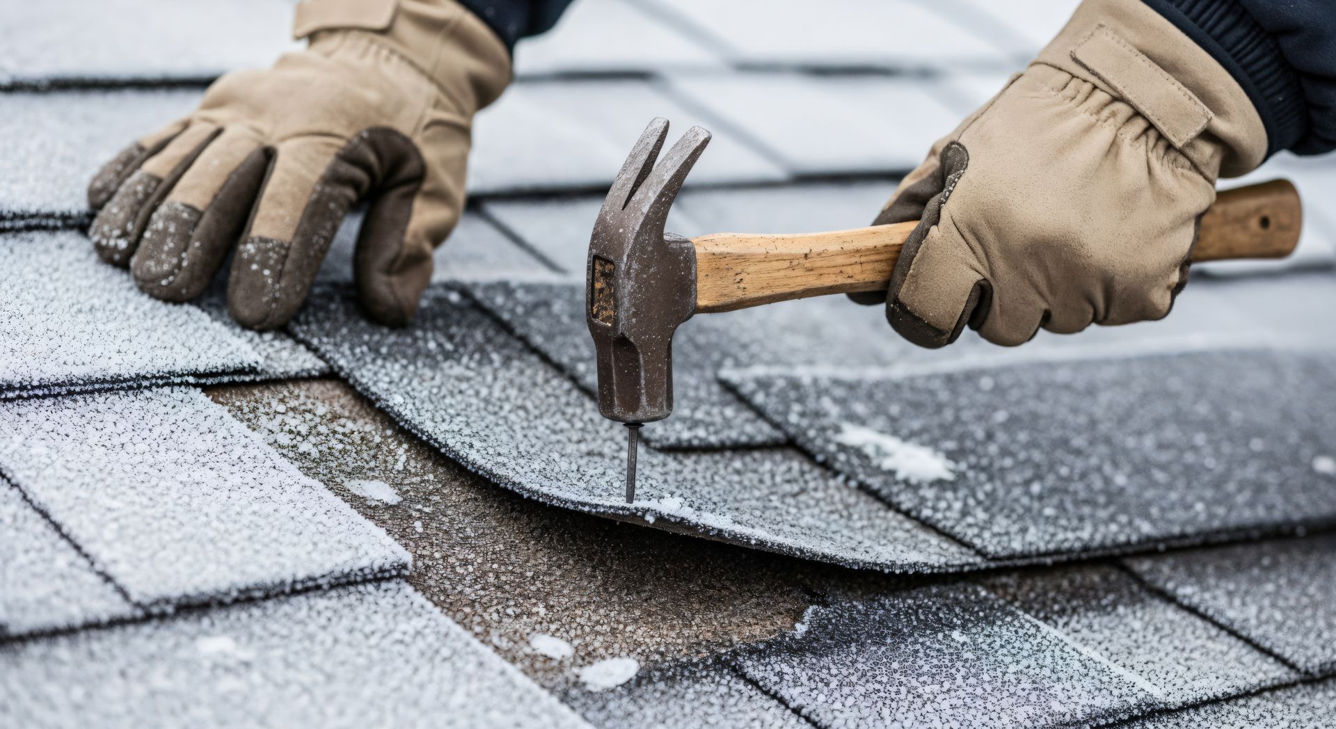 Gloved hands nailing roof shingles with a hammer on a frosted rooftop.