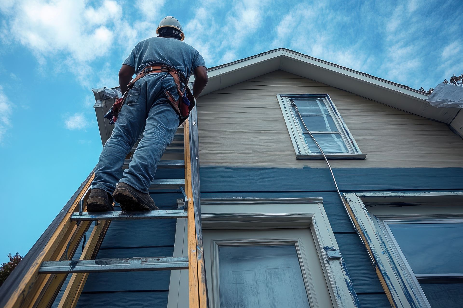 Siding contractor installing exterior siding on house using ladder under blue sky. Siding contractor installing exterior siding on house using ladder under blue sky.