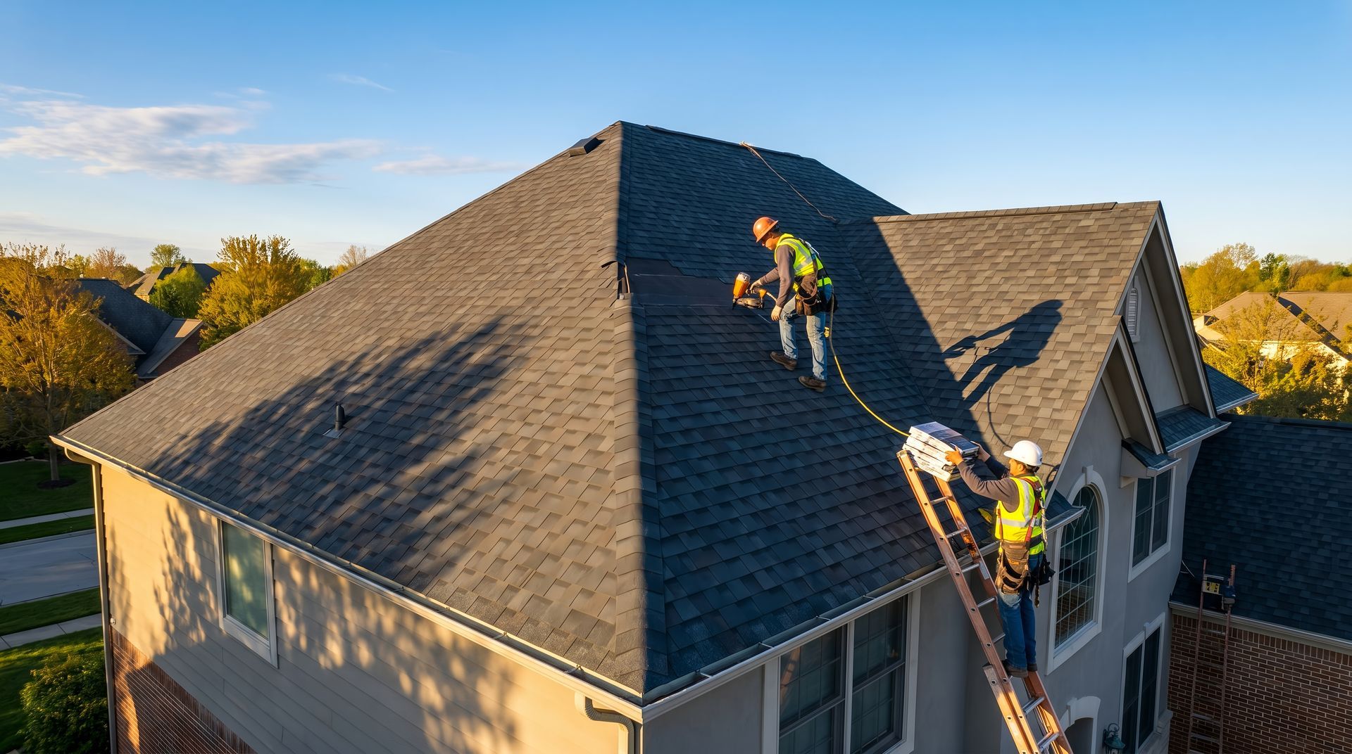 Roofing crew installing asphalt shingles on a large residential home using nail guns and safety harnesses