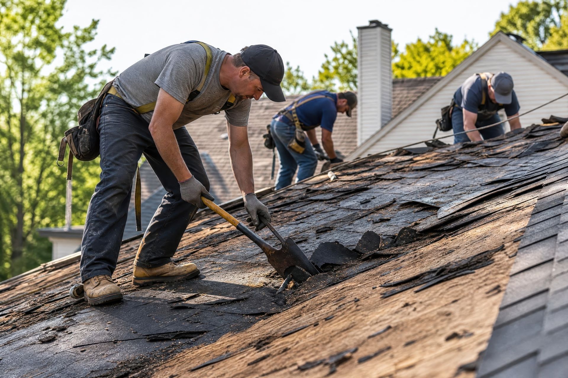 Roofing contractors removing damaged and deteriorated shingles from a residential roof during a full replacement