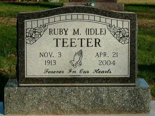 A gravestone for ruby m. ( idle ) teeter is in a cemetery.
