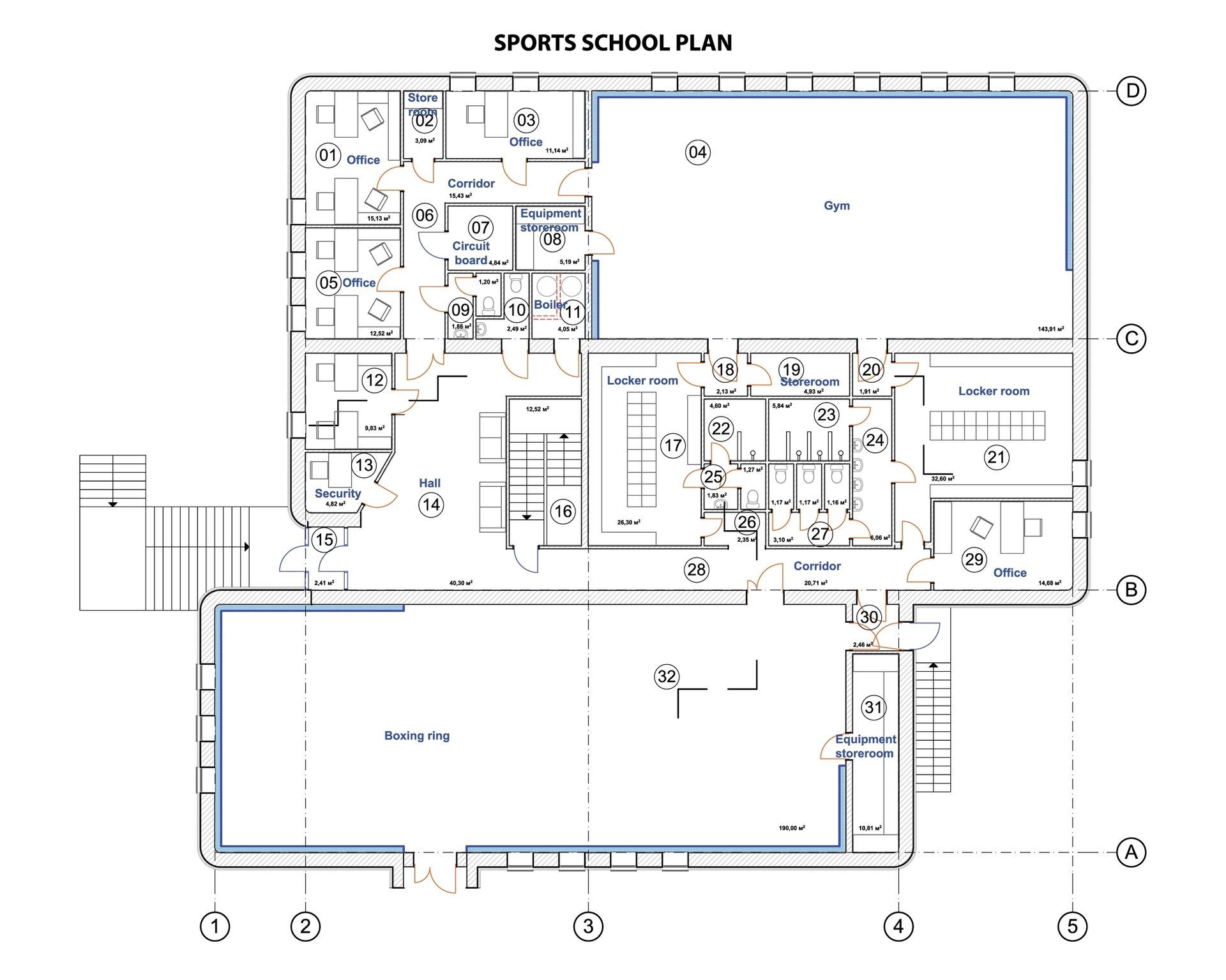 Sports School Floor Plan, Includes A Pool, Gym, Locker Rooms, And Offices — GS Design & Drafting In Rous, NSW