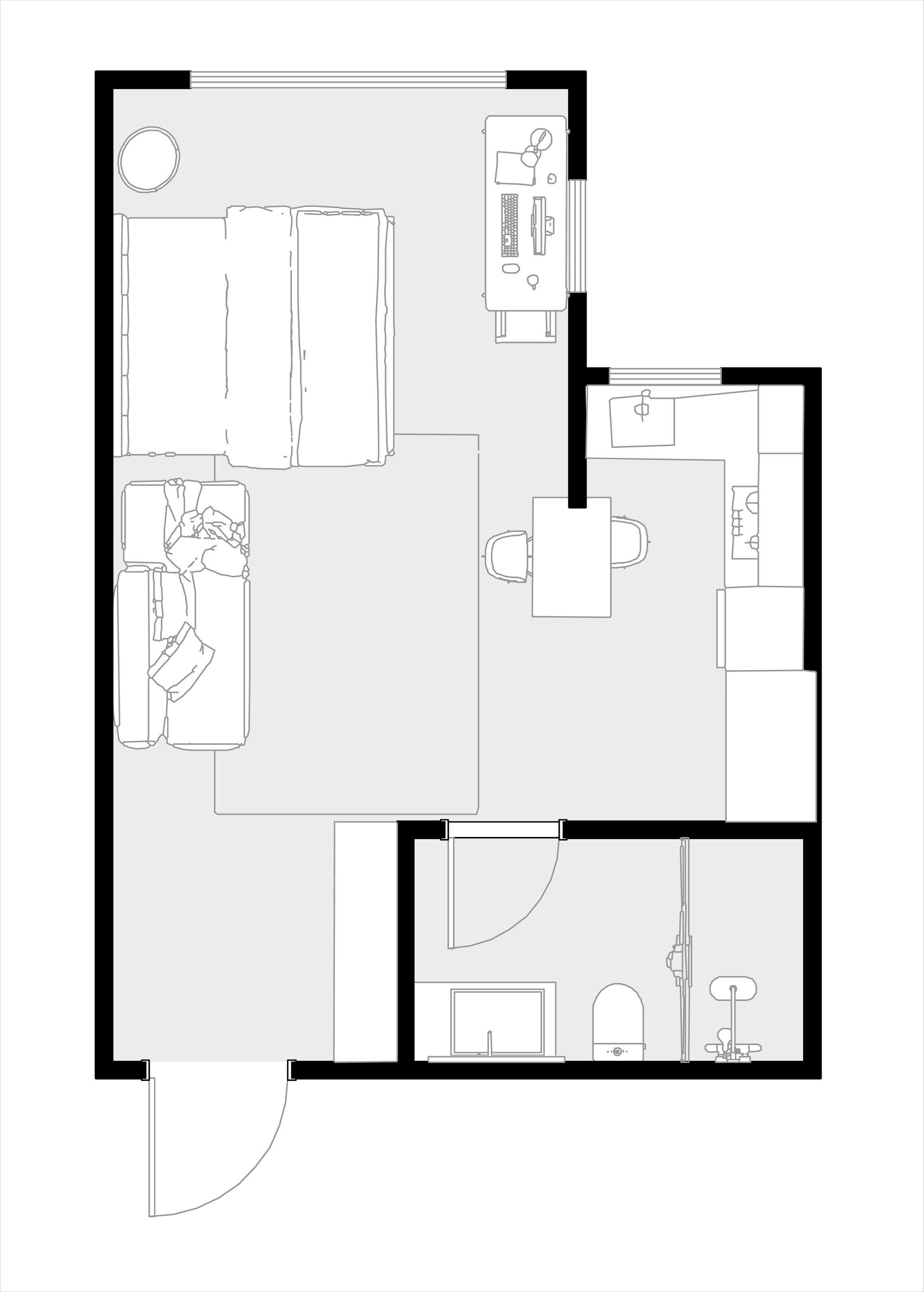 Floor Plan Of A Studio Apartment, Featuring A Bed, Kitchenette And Seating Area — GS Design & Drafting In Rous, NSW