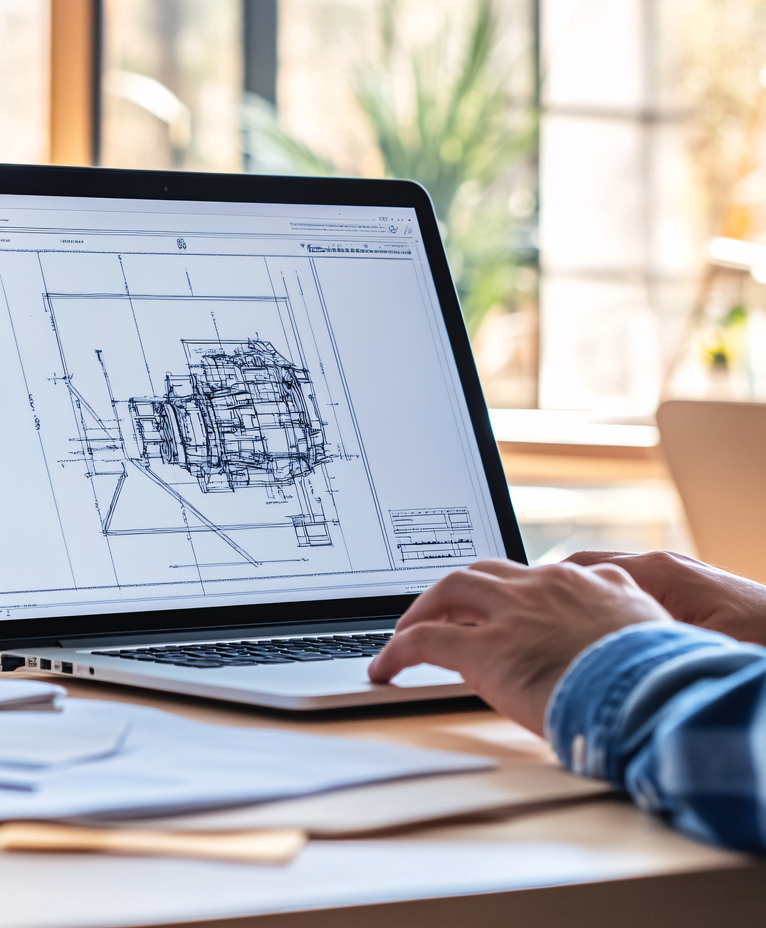 A person in a blue plaid shirt works on architectural blueprints displayed on a laptop screen — GS Design & Drafting In Rous, NSW