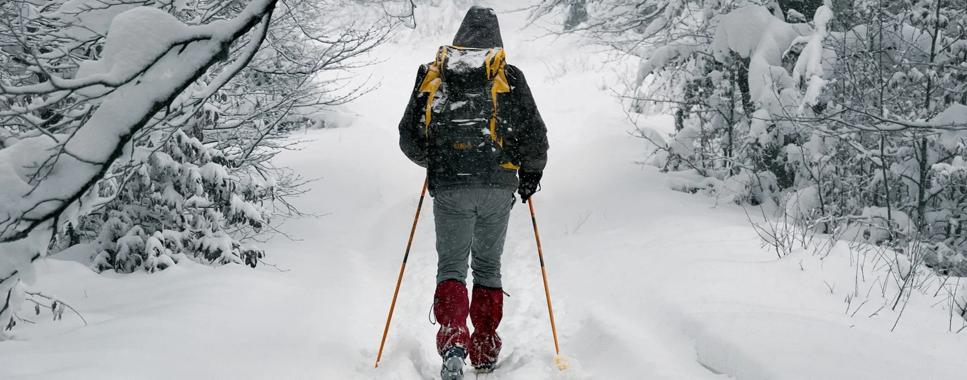 A person is walking through the snow on a snowy path.