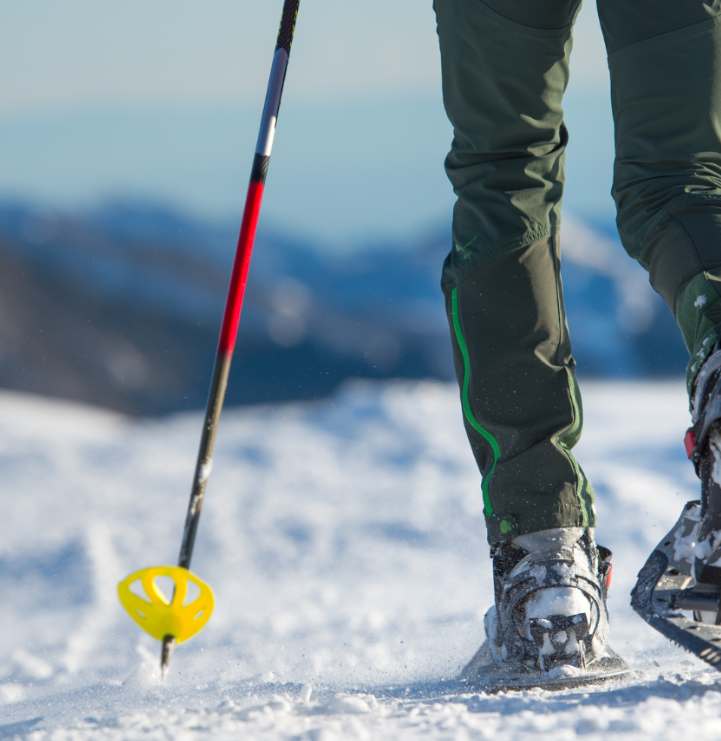 A person wearing snow shoes and holding a ski pole