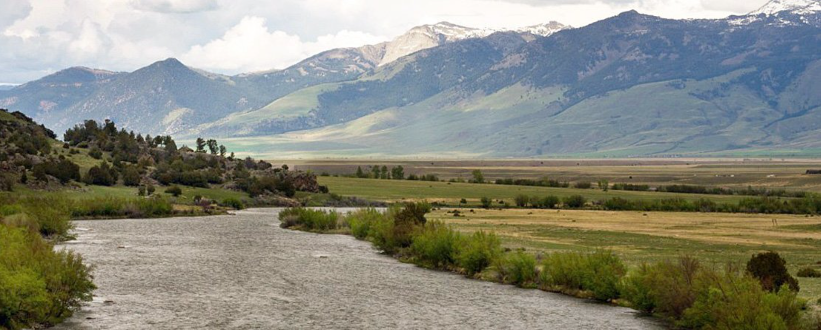 A river running through a grassy field with mountains in the background.