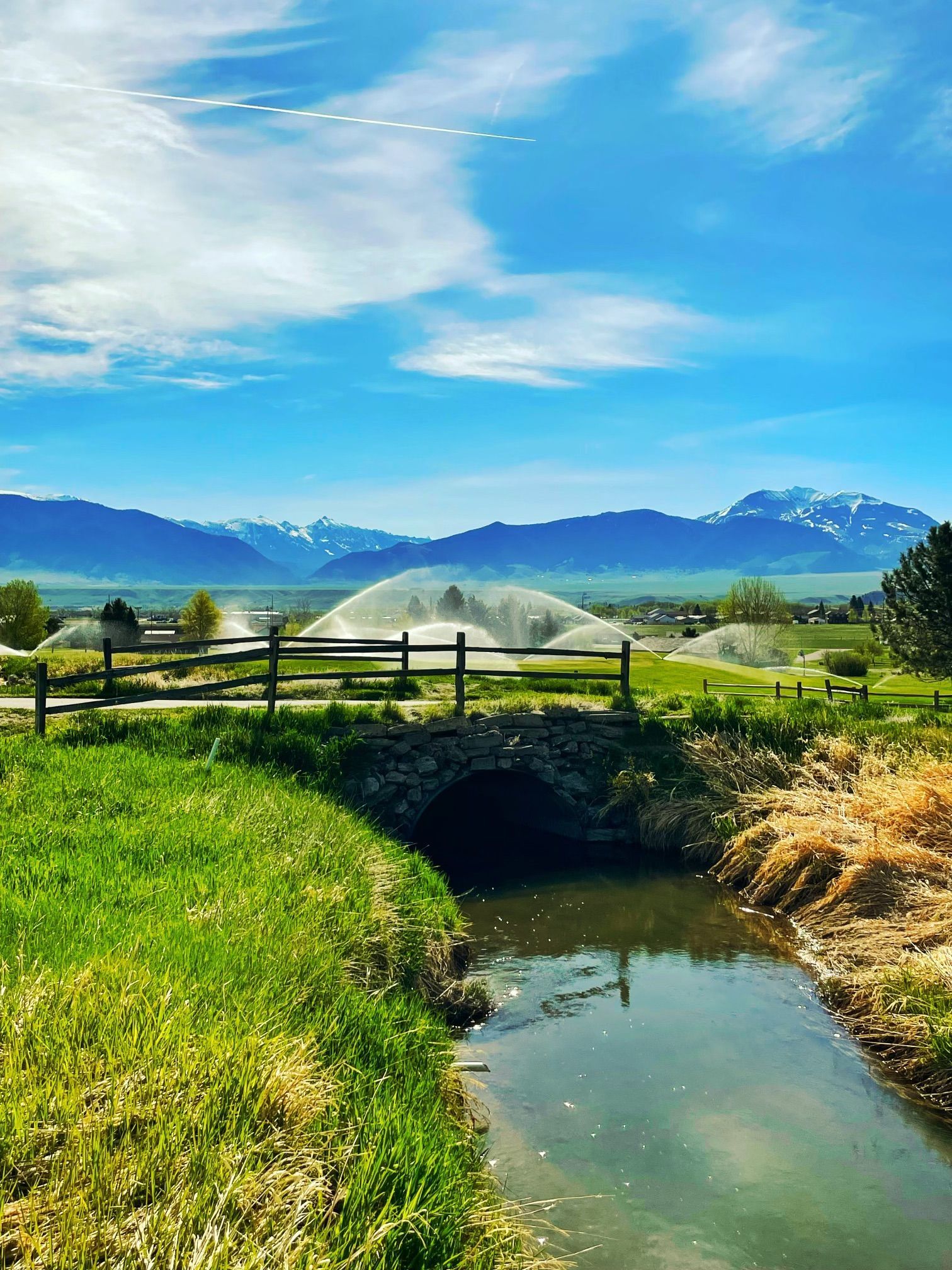 A bridge over a stream in a field with mountains in the background.