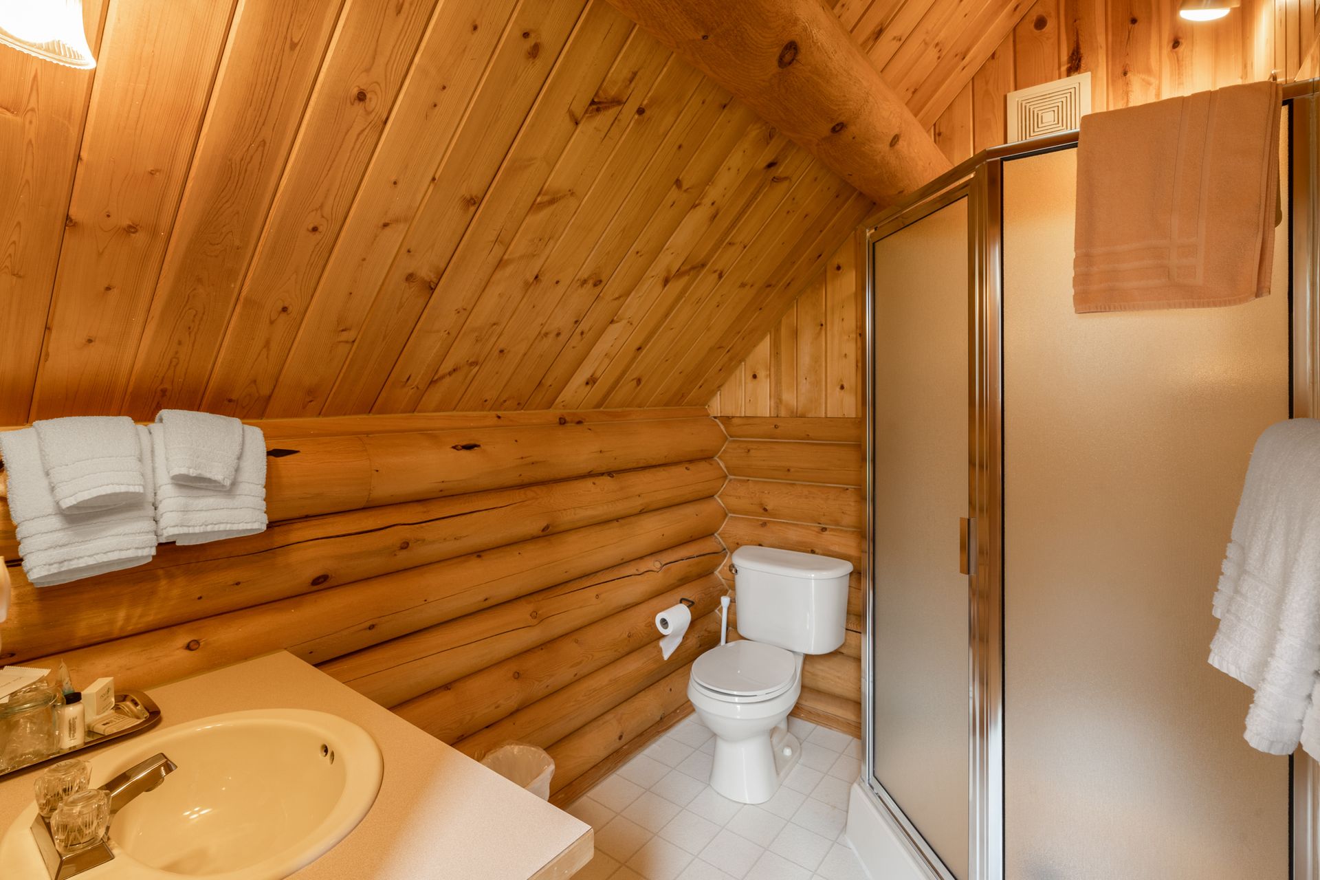 A bathroom in a log cabin with a toilet , sink and shower.