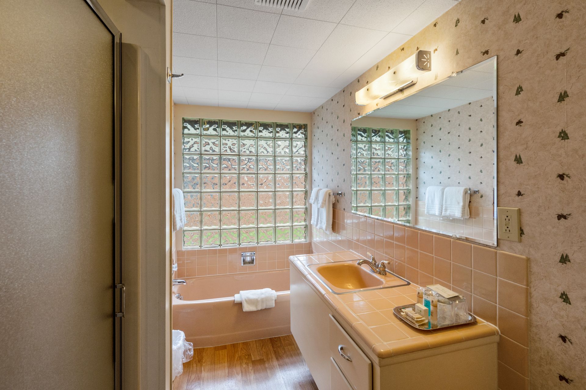 A bathroom with a sink , mirror and tub.