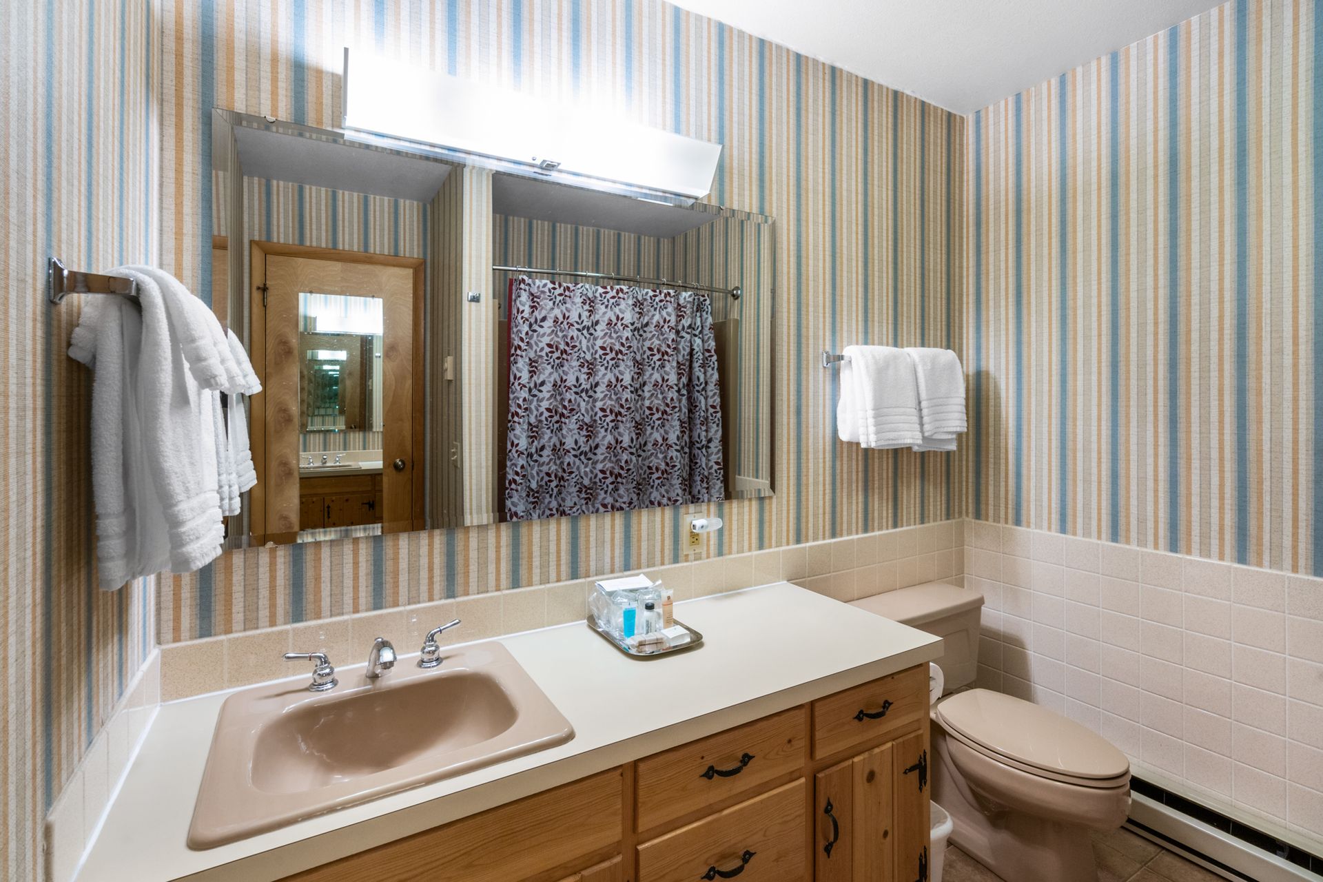 A bathroom with a sink , toilet , and mirror.