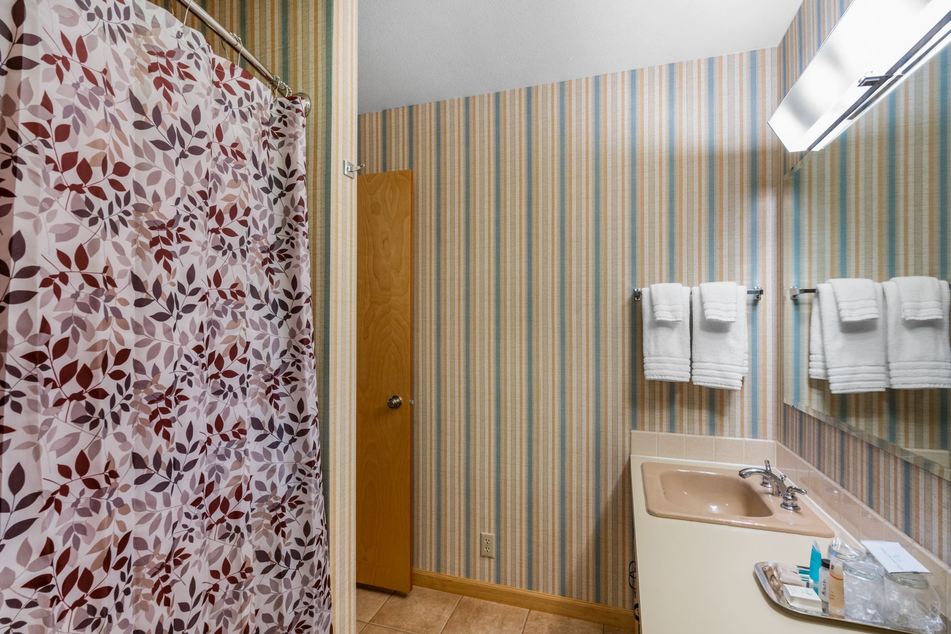 A bathroom with a shower curtain , sink and mirror.