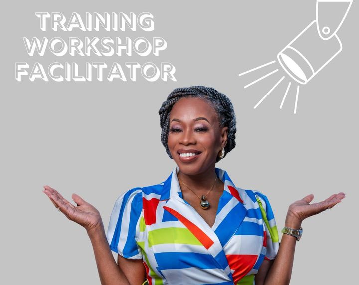 MiMi K in a colorful shirt is standing in front of a sign that says training workshop facilitator.