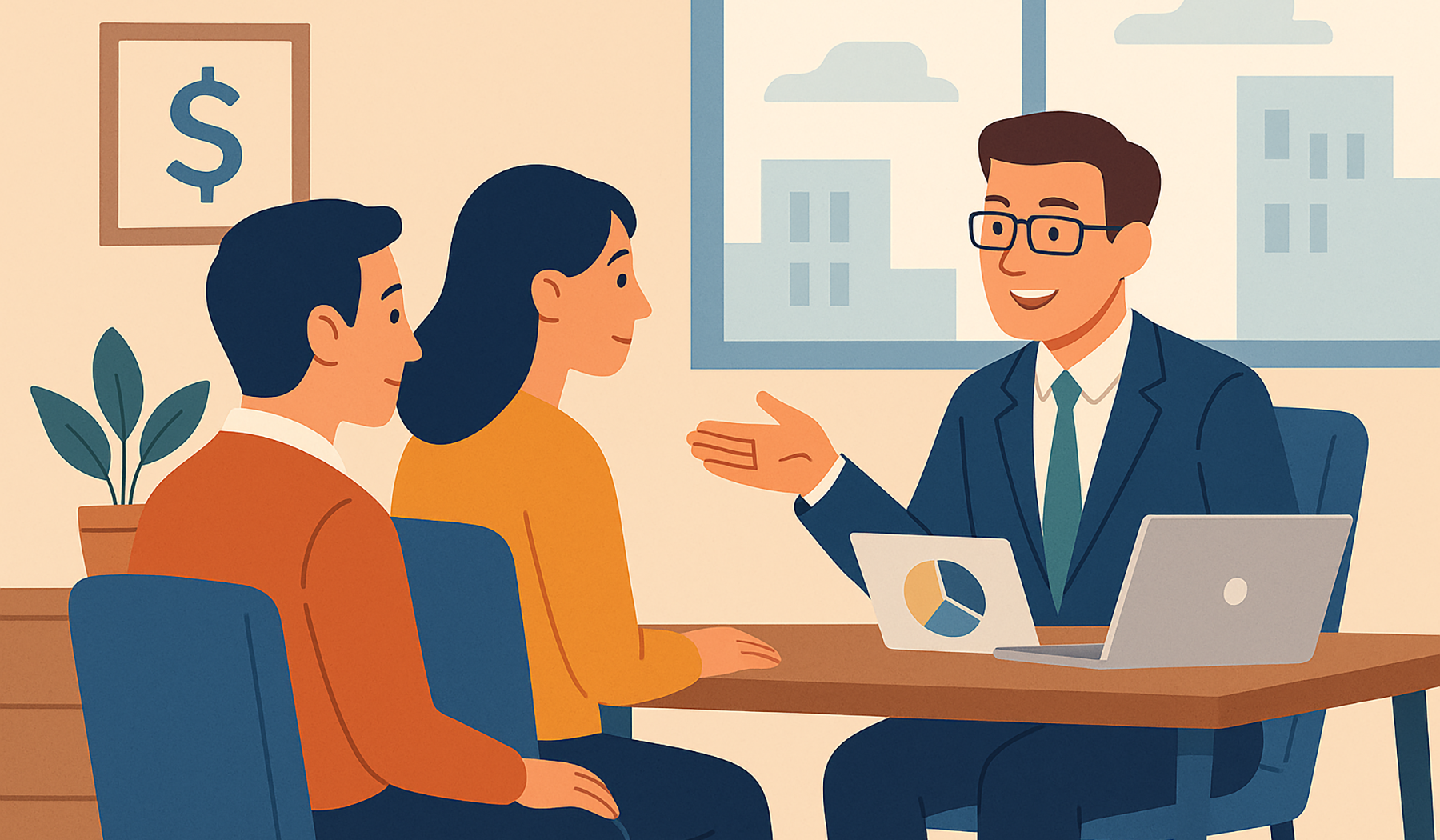 A Fiduciary Advisor is sitting at a table talking to a couple.