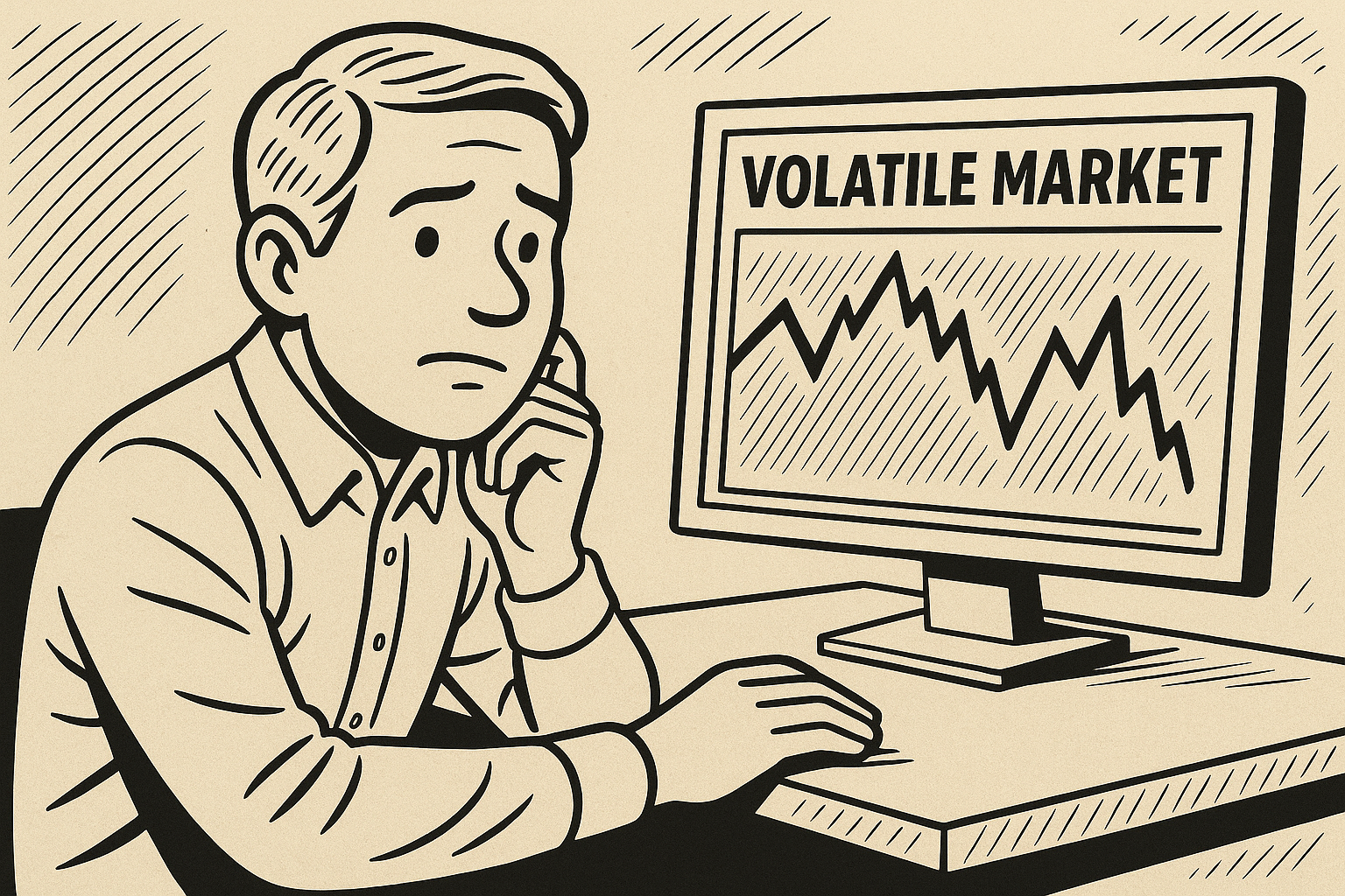Man looking concerned at laptop showing declining market chart labeled 'Volatile Market'.