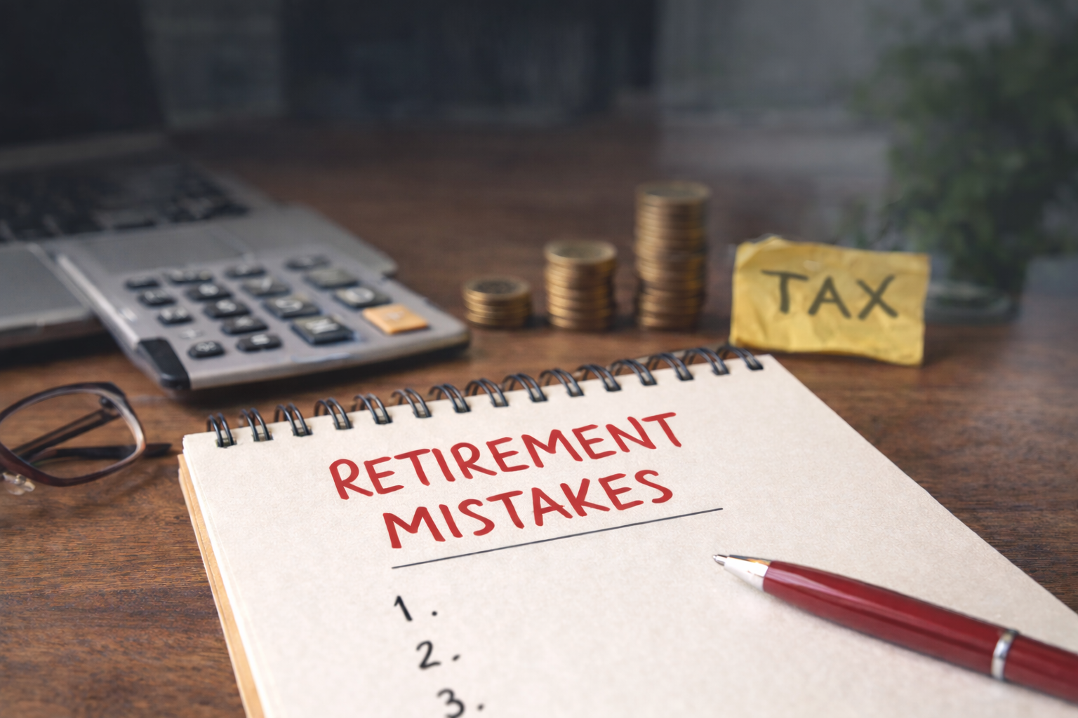 Notebook labeled “Retirement Mistakes” beside calculator, coins, and tax note on a wooden desk in an
