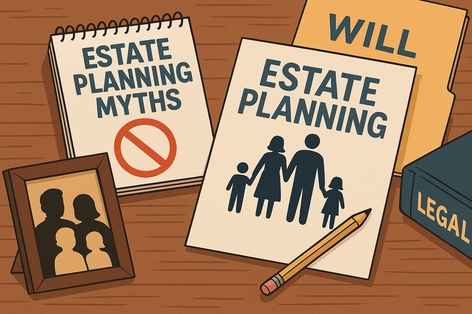 Estate planning documents: Will, notebook, family photo, pencil, and book labeled 