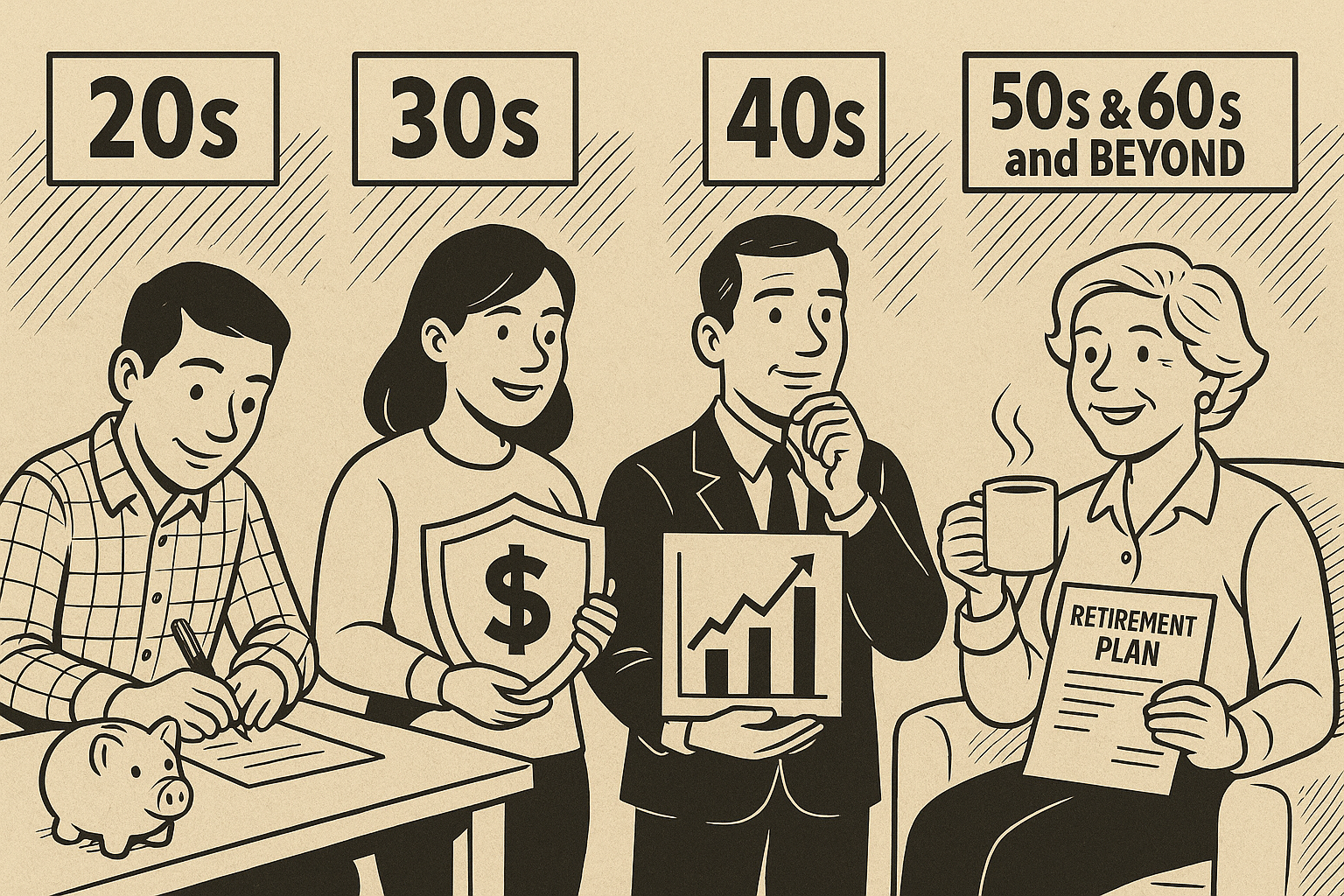 A black and white cartoon showing financial planning for every decade of life