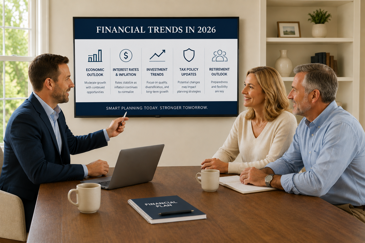 Financial advisor reviews 2026 planning trends with a couple in a professional office setting.