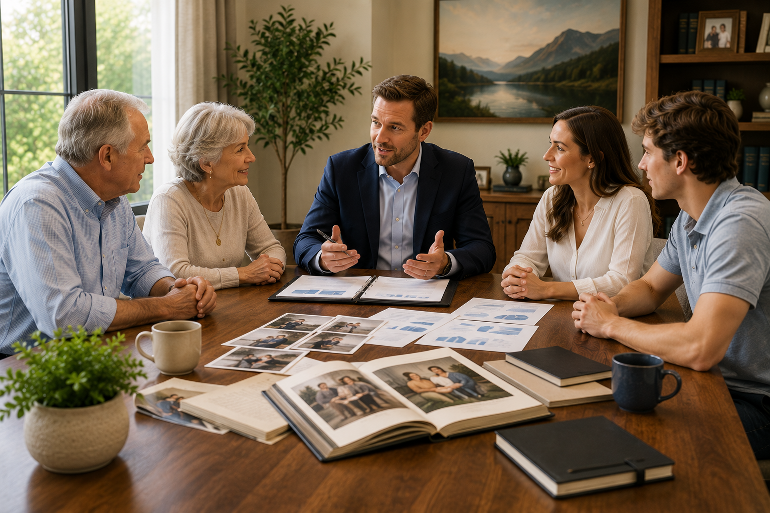 Family reviews a legacy plan with a financial advisor in a warm, professional office setting.