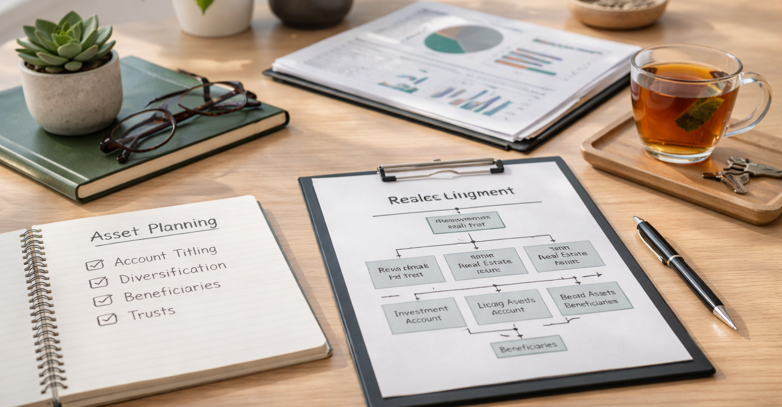 Desk with asset planning notes, a tablet, and a mug of tea in a bright financial planning workspace.