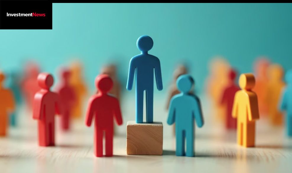 A blue figure on a wooden block, surrounded by colorful figures, suggesting leadership.