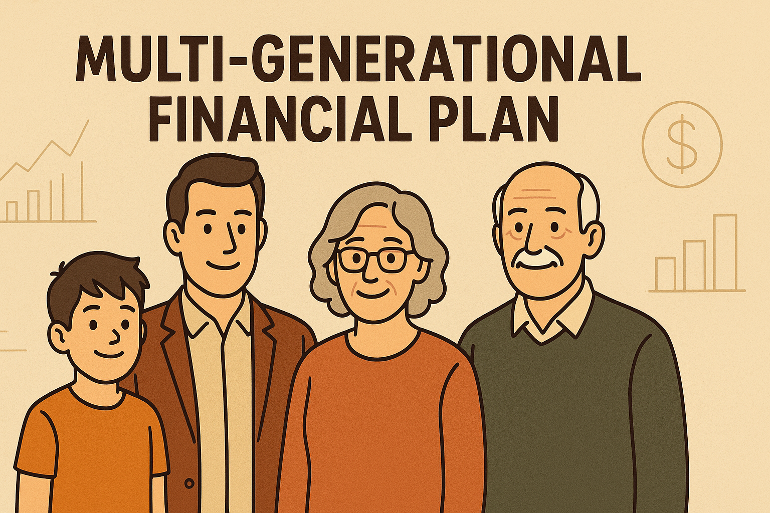 A cartoon family is standing together with the phrase, multi-generational financial plan, above them